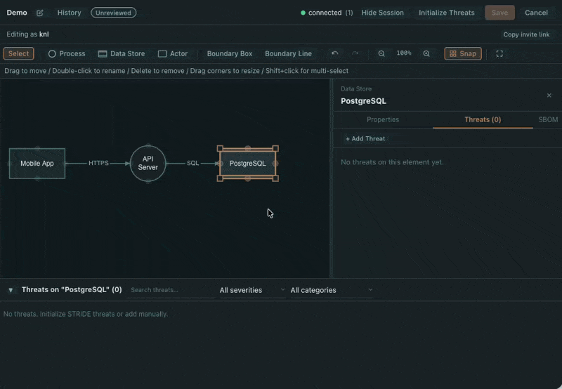 Animated demo of running STRIDE analysis and viewing generated threats